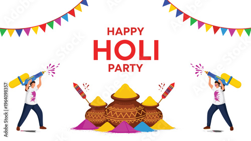 Happy Holi party celebration illustration featuring people playing with water guns and traditional pots of vibrant colorful powder.