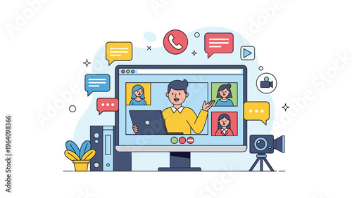 Group of people participates in a video conference call on a computer screen for remote work collaboration and digital communication.