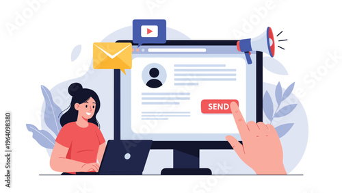 Digital marketing specialist prepares to send an email newsletter campaign from a desktop computer to engage with online customers.