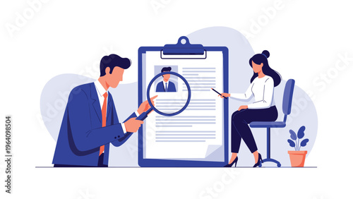 Recruitment manager uses a magnifying glass to carefully review a resume and find the perfect candidate for a new professional job opening.