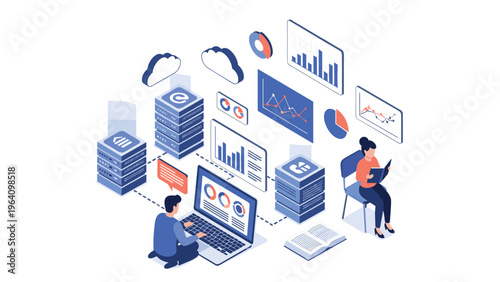 Advanced big data analysis concept featuring people working with server racks and interactive dashboards for business intelligence.