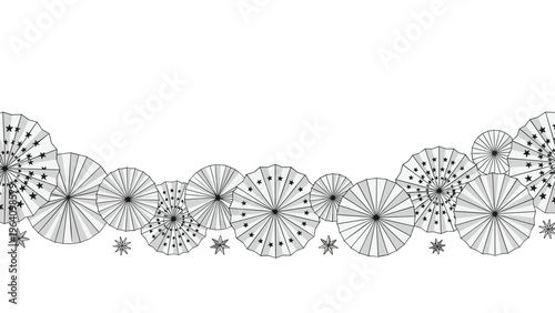 Festive decorative pattern featuring multiple gray and white paper fans and stars arranged in a gentle curve against a white background.