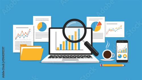 Business audit and financial analysis scene with a laptop, document folder, magnifying glass, and various data charts on a blue desk.