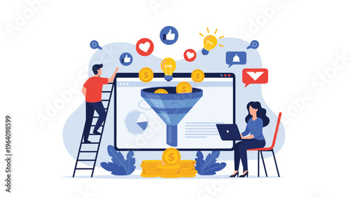 Sales funnel and lead generation concept showing people working together to convert marketing efforts into gold coins and revenue.