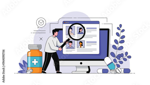 Healthcare professional uses magnifying glass on computer screen to search patient profiles with medicine bottles and pills.