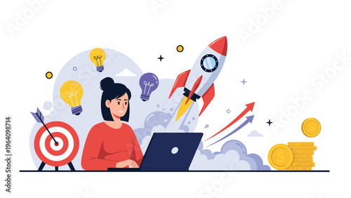 Ambitious businesswoman working on laptop with rocket launch and light bulbs symbolizing creative startup and financial growth.