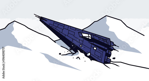 a futuristic blue spaceship crash-landed in snowy arctic mountains illustrating a sci-fi accident or remote discovery.