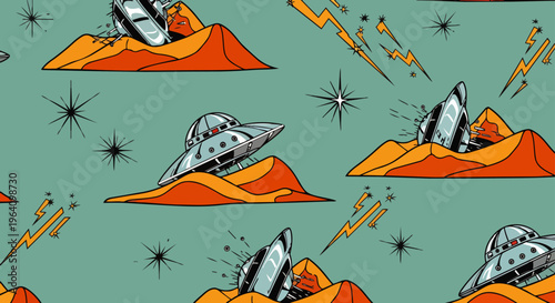 a retro pattern with ufo spaceships crashing and flying over desert planets in a vibrant sci-fi pop art style
