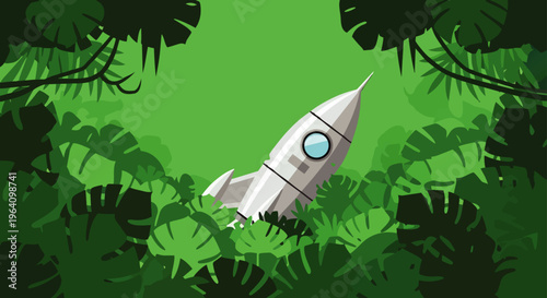 a silver cartoon rocket has crash landed in a vibrant green jungle evoking themes of unexpected adventure and space exploration.