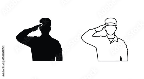 Military salute icons, soldier silhouettes, patriotic symbols
