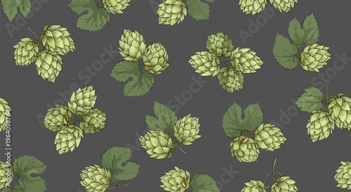 Vintage hop cones seamless pattern, hand drawn brewery botanical illustration, green hops and leaves on dark background vector