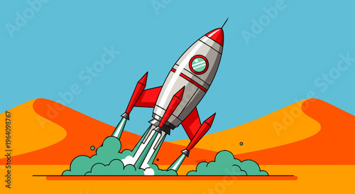 a vibrant cartoon rocket launching from a sandy desert landscape exhaust smoke symbolizing startup success and ambitious business growth