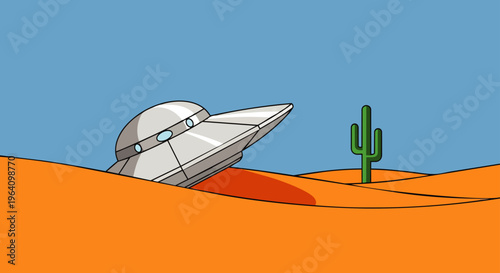 a silver flying saucer crash-landed in a vast orange desert landscape next to a green saguaro cactus depicting an alien encounter.