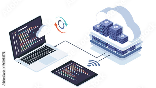 Cloud computing and data synchronization network showing laptop and tablet connected to secure server storage through the web.