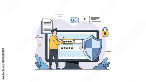 Man entering secure password on computer monitor protected by digital shield and padlock icons for data privacy and safety.