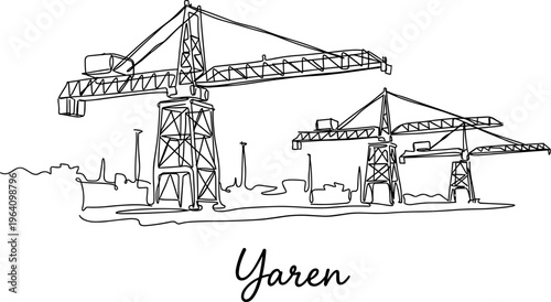 Industrial construction cranes in Yaren city skyline minimalist line art vector illustration