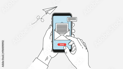 Human hands holding smartphone with open email on screen and paper plane icon representing digital message transmission.