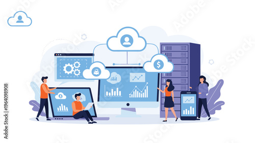 Business team working together with computer screens showing charts and cloud data storage for efficient corporate management.