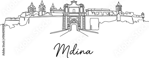 Minimalist Mdina Malta city gate skyline continuous line art vector illustration