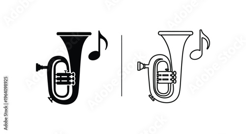 Tuba, musical instrument, black and white icons, music symbols