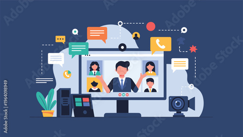 Online video conference meeting on computer screen with multiple participants and various communication icons on a dark background.