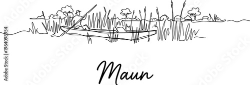 Mokoro boatman navigating reeds in Maun Botswana landscape continuous line drawing illustration
