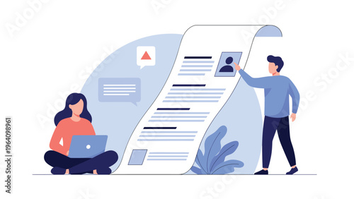 Candidates reviewing giant document or resume scroll with woman working on laptop in an hr recruitment and hiring concept.