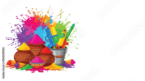 Vibrant Holi festival illustration featuring pots of colorful powder water guns and a bucket against a bright paint splash backdrop.