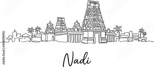 Nadi Fiji skyline with Sri Siva Subramaniya Temple continuous line art vector illustration