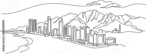 Muscat Oman city skyline with mountains and mosque continuous line art vector illustration