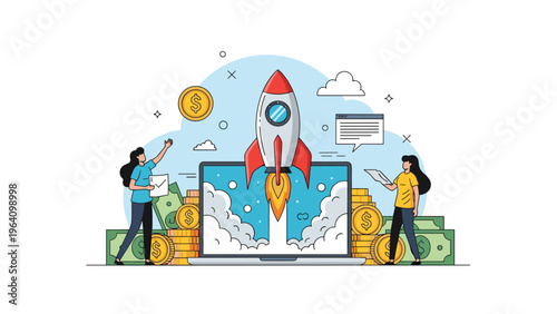 Business women celebrating rocket launch from laptop screen symbolizing successful startup growth and financial investment.
