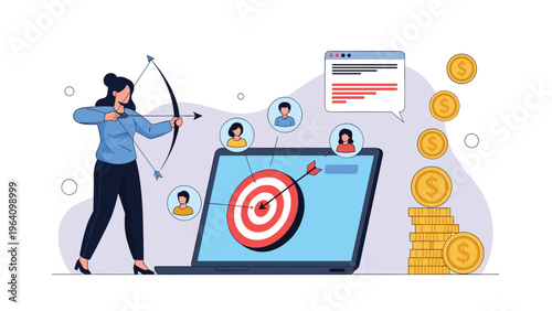 Goal oriented woman shooting arrow at target on laptop screen representing digital marketing success and customer acquisition.