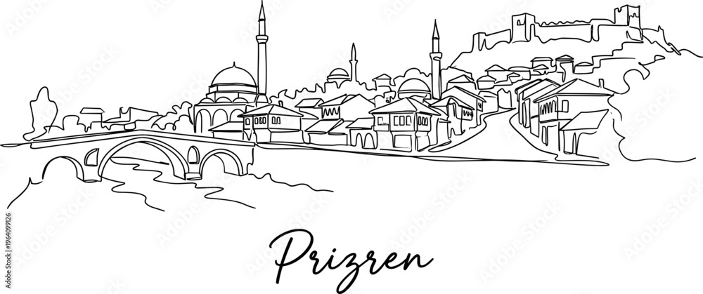 Fototapeta premium Prizren skyline with stone bridge and fortress minimalist line art vector illustration