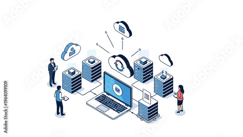 Business people managing email communication and cloud server network with laptop and tablet devices in isometric style.