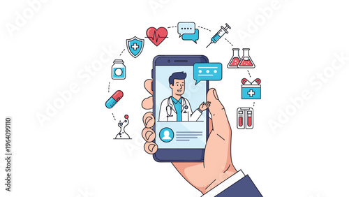 Online medical chat and consultation on smartphone with male doctor and healthcare icons like pills and heart rate.