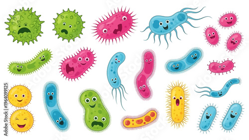 colorful cartoon bacteria and virus characters for educational science illustrations depicting various microbes with diverse expressions.