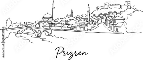 Prizren skyline with stone bridge and fortress minimalist line art vector illustration