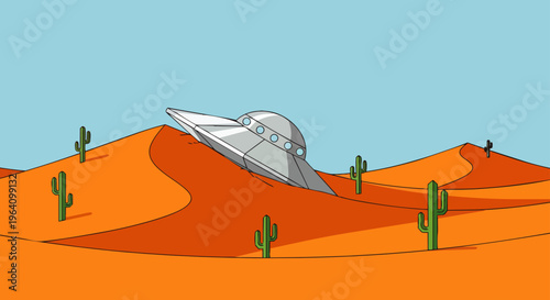 crashed ufo spaceship stuck in a vast orange desert with sand dunes and green cactuses under a clear blue sky.