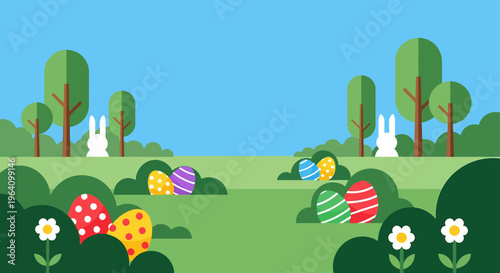 easter egg hunt a vibrant flat design illustration featuring colorful easter eggs and playful bunnies in a cheerful spring landscape.