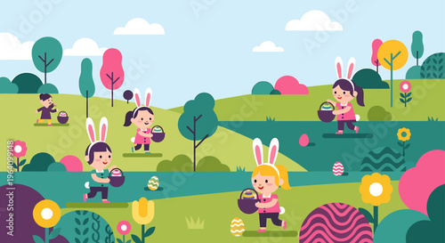 easter egg hunt joyful children in bunny ears collect colorful eggs in a vibrant spring park landscape a fun holiday tradition.