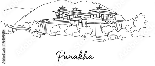 Punakha Dzong Bhutan monastery and bridge continuous line drawing vector illustration