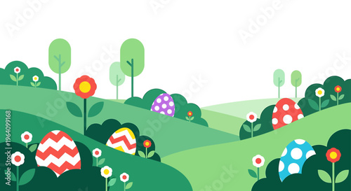 easter eggs spring landscape flat design easter egg hunt illustration for holiday celebration amongst green hills.