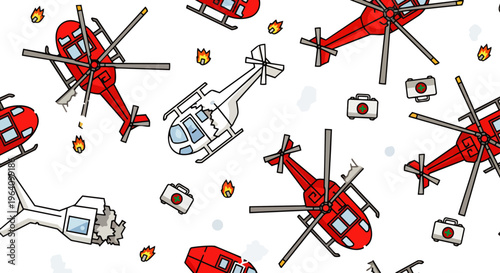 helicopter emergency crash accident illustration with cartoon damaged aircraft medical kits and flames scattered