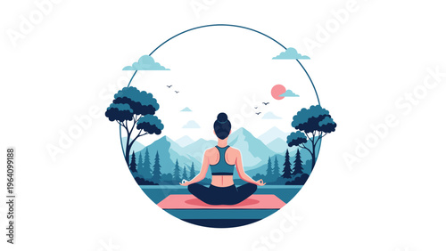 Woman in yoga pose meditating in nature with mountains and trees view inside a circular frame for peace and wellness.