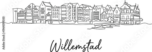 Willemstad Curacao waterfront buildings continuous line art minimalist vector illustration