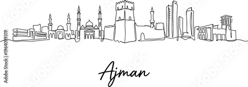Ajman city skyline panorama in continuous one line drawing vector illustration style