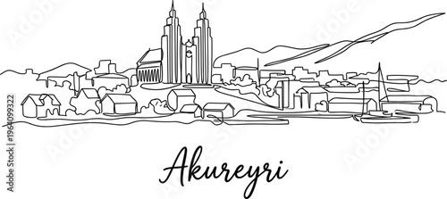 Akureyri city skyline Iceland continuous single line art vector illustration