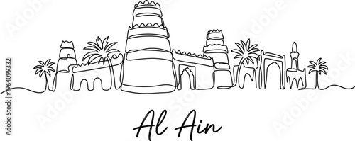 Al Ain UAE skyline landmarks with palm trees minimalist continuous line drawing vector illustration