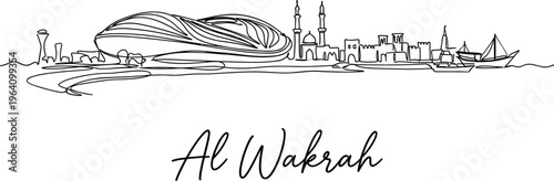 Al Wakrah Qatar city skyline with stadium and dhow boat minimalist line art vector