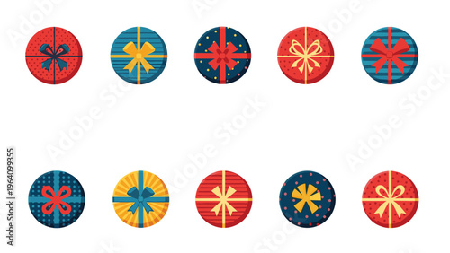 Top view of various round gift boxes with colorful patterns and ribbons arranged in two rows for holiday celebrations.